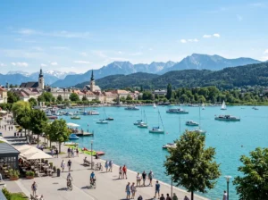 A panoramic view of Klagenfurt of Austria showing the lake and city.