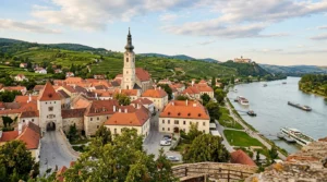 Panoramic view of Krems an der Donau in 2026, showcasing the historic church towers, medieval architecture, and the Danube riverfront.