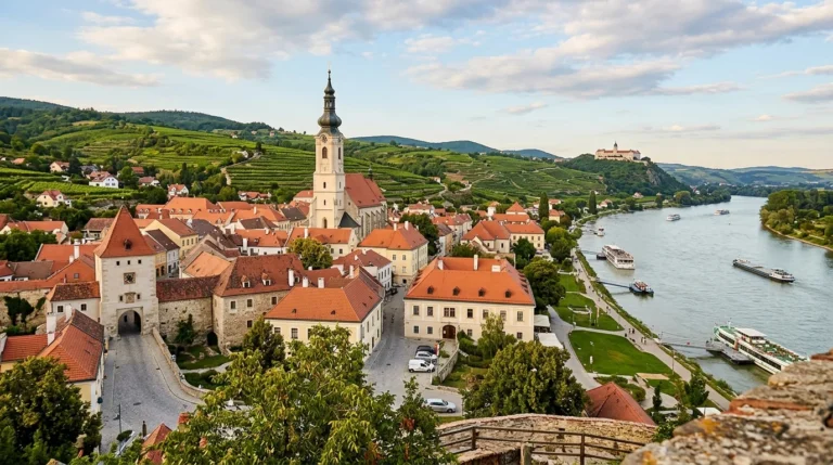 Panoramic view of Krems an der Donau in 2026, showcasing the historic church towers, medieval architecture, and the Danube riverfront.