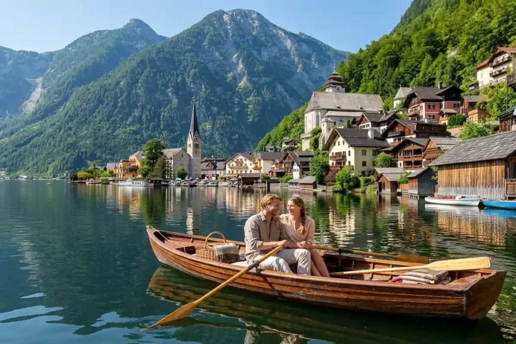 Boat travelling across Lake Hallstatt with the historic village and mountains in the background.