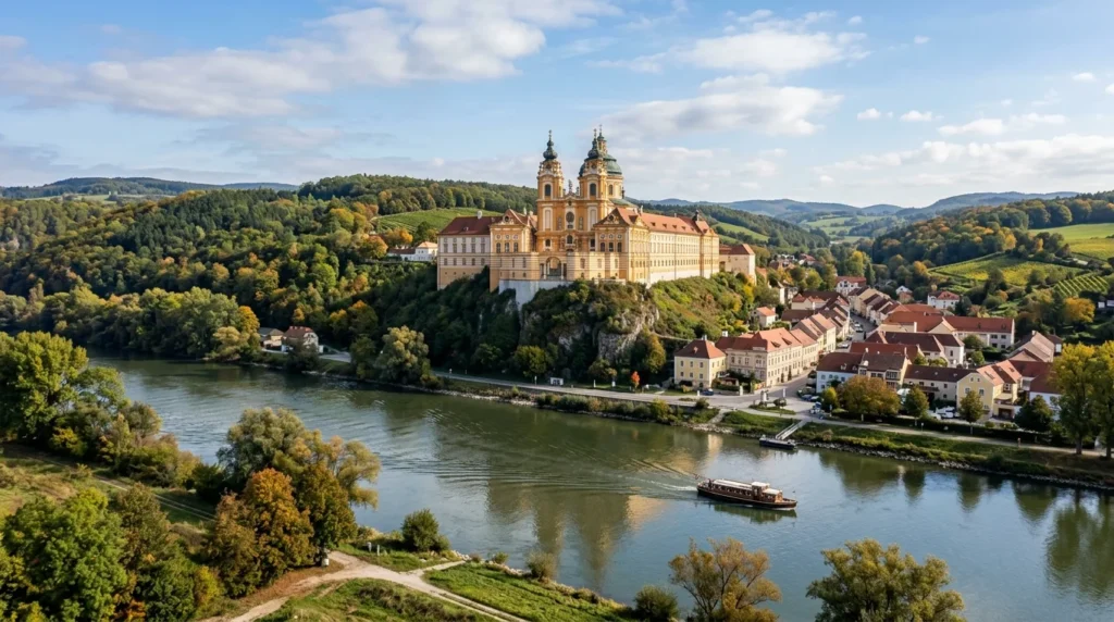 A majestic view of the yellow Baroque Melk Abbey perched on a cliff overlooking the Danube River and the town of Melk.