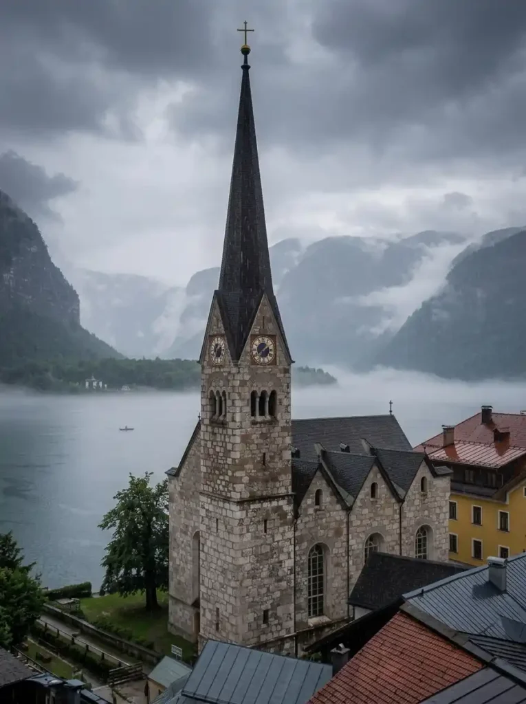 Protestant Church of Hallstatt standing beside the lake with mountains rising behind the village.