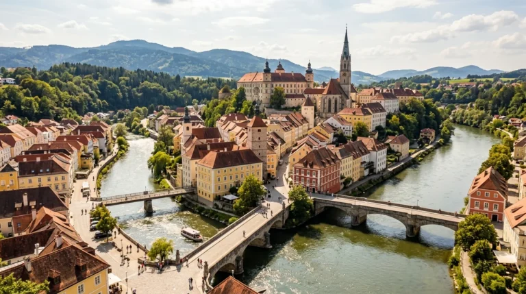 Aerial view of the confluence of the Enns and Steyr rivers in the heart of Steyr, showcasing the medieval architecture and riverside paths.