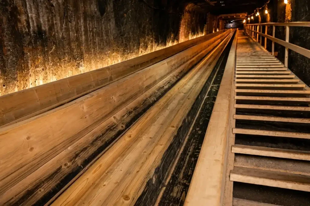 underground tunnels and wooden miners’ slides inside the Hallstatt Salt Mine.