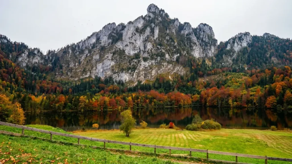 Laudachsee mountain lake near Gmunden, Austria with rocky mountains, autumn forest, calm water, and green meadow