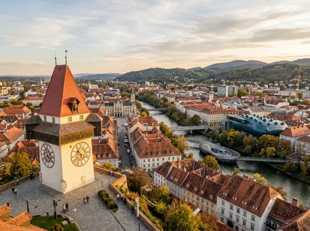 The perfect view of Graz in Austria in the afternoon showing the best places to visit in Graz and see in your Graz itinerary.