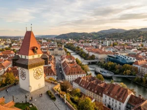The perfect view of Graz in Austria in the afternoon showing the best places to visit in Graz and see in your Graz itinerary.