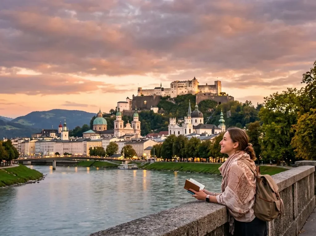 Scenic view of Salzburg Old Town, fortress and river at sunset