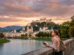 Scenic view of Salzburg Old Town, fortress and river at sunset
