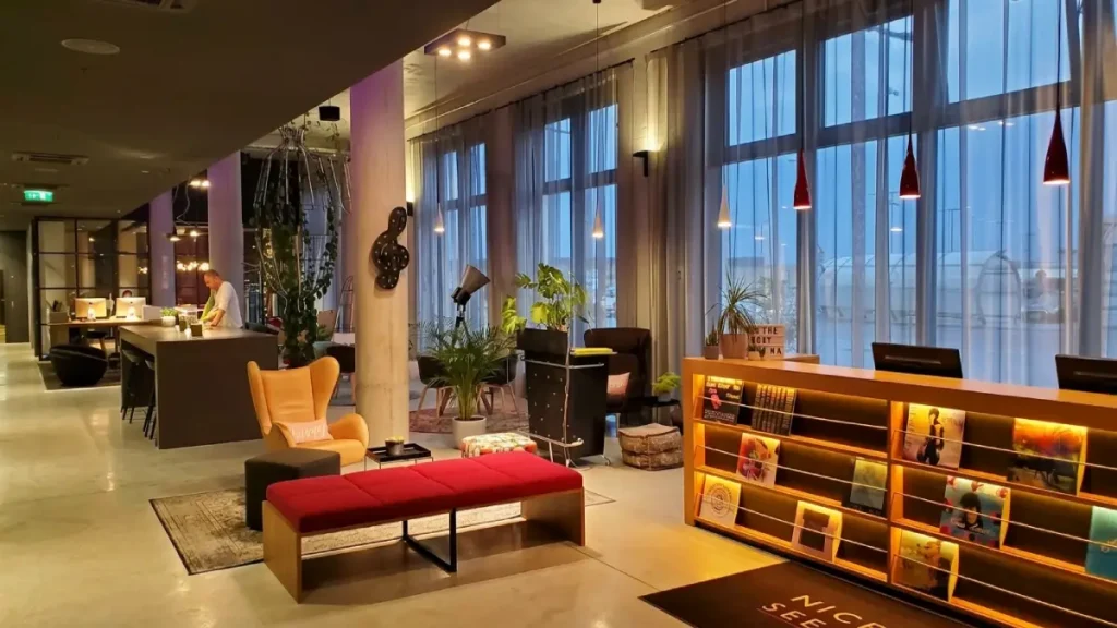 Modern hotel lobby at Moxy Vienna Airport