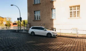 Rental car parked in Linz, Austria for a road trip